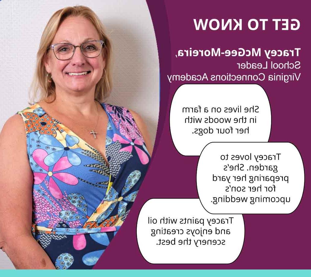 Image of Tracey McGee-Moreira, school leader of Virignia Connections Academy wearing a pink, blue, and yellow floral dress. 